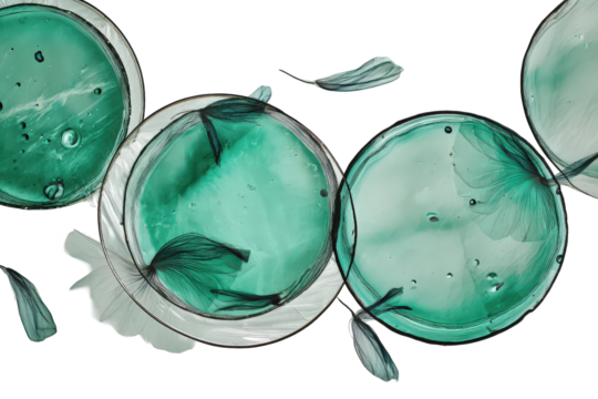 Floating Teal Plates with Delicate Petals on Transparent Background