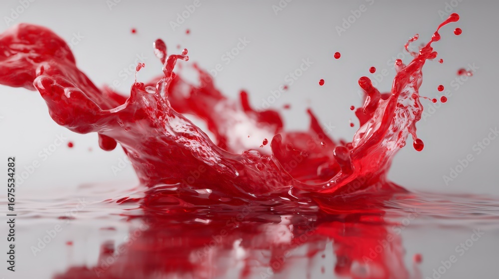 Poster dynamic splash of red liquid creating captivating droplets and reflections.