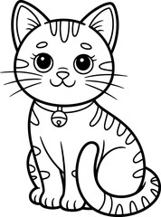 Adorable Cartoon Kitten, Black and White,  Happy, Childlike Style, Coloring Page Illustration