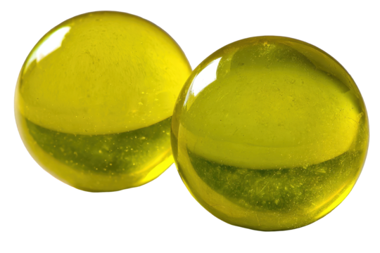 Two Shiny Yellow Glass Spheres on Transparent Background