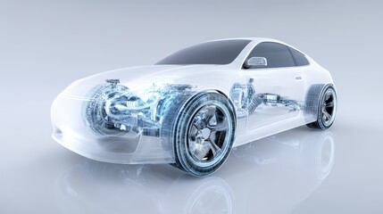 Fototapeta premium Futuristic car design featuring a transparent body and visible internal mechanisms.