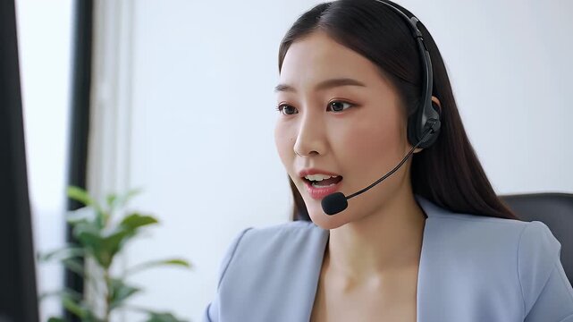 Woman in Blue Blazer Using Headset in Bright Office