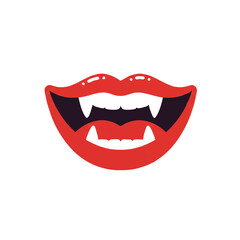 A cheerful smiling vampire mouth with exaggerated fangs is presented as a clean, minimalist 2D flat vector illustration, utilizing solid colors on a stark white background.