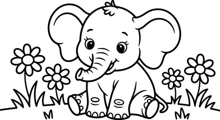 Adorable Baby Elephant Cartoon, Black and White, Floral Setting