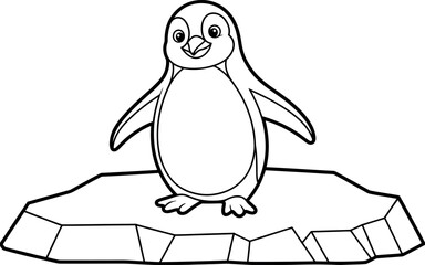 Happy cartoon penguin on iceberg; black and white line art.