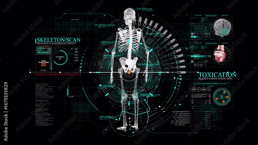 Poster advanced futuristic hud interface performing a full body biometric scan of a human skeleton