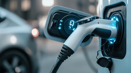 A car charges at a modern electric station, glowing blue with a battery icon. The image highlights sustainability, innovation, and eco-friendly technology.