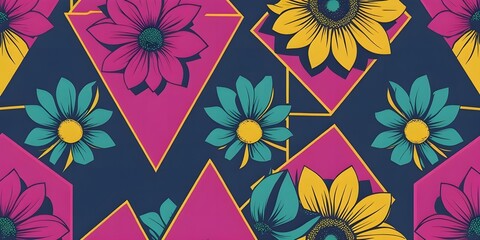 Colorful floral pattern featuring stylized flowers in magenta teal and yellow interspersed within geometric triangles