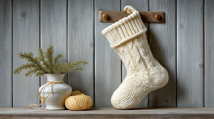 Knitted cream Christmas stocking hanging on wooden wall with pot  