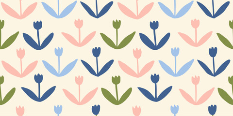 Seamless pattern with ink doodle abstract tulip flowers and leaves. Trendy aesthetic background. Hand drawn vector illustration.