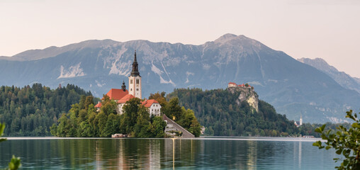 Panorama of the Bled Lake, island with a Church and Bled Castle in Slovenia