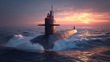 Sleek Modern Submarine Surfacing at Sunset with Dark Metallic Hull, Red Navigation Light, Ocean Waves Splashing, Twilight Sky in Warm Orange, Pink, and Blue Tones, Conveying Power, Mystery.