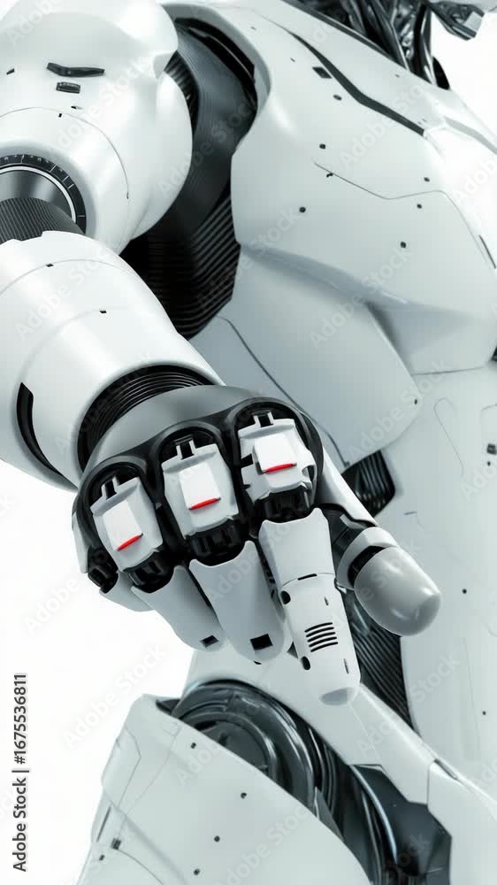 Poster a robot with white arms and a white torso. the robot is pointing to the camera. the robot has a red 