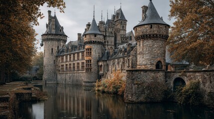 Fototapeta premium Medieval stone castle by moat