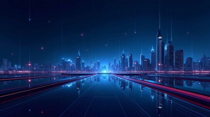 Futuristic Cityscape Night Neon Blue Pink Skyline Reflection