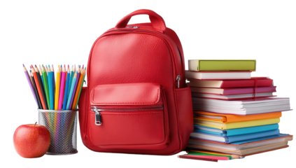 Red Leather Backpack with School Supplies and Books