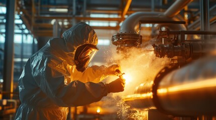 Two Workers in Hazmat Suits in Industrial Environment with Glow