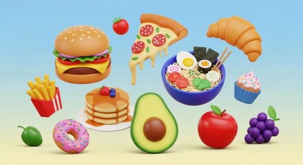 A colorful assortment of food items and fruits against a blue background.