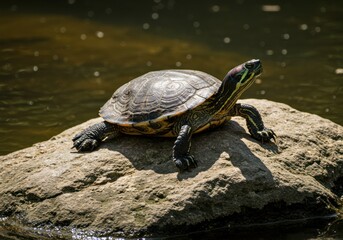 A peaceful turtle basks on a rock in the sunlight, enjoying a warm day by the water