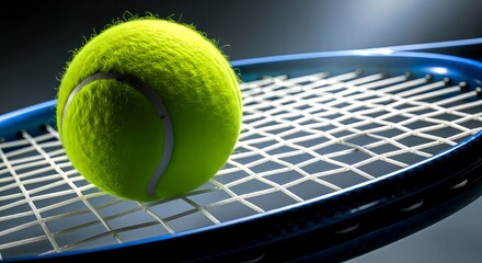 yellow tennis ball resting on a blue tennis racket, isolated with dramatic lighting. Concept of sport