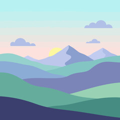 Stylized pastel mountain landscape with layered hills, a serene sky, and a rising sun.
