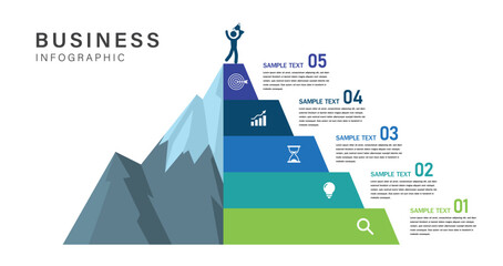 Business Infographic with 5 Step Pyramid or mountain for Success
