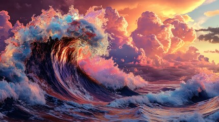 Dramatic ocean wave crashing against vibrant sunset clouds.