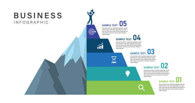 Business Infographic with 5 Step Pyramid or mountain for Success