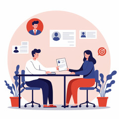 Vector design of a job interview scene: two people across a desk, one holding a resume, plant in corner, friendly atmosphere, flat character design.