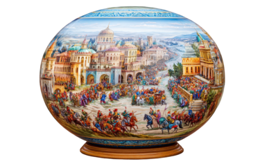 Ornate Spherical Cityscape Painting on Wooden Base