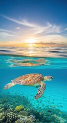 Obraz premium Sea turtle swimming in the sea, ocean background, summer, sun, clear water, sea and holidays. High quality