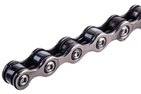 Bicycle chain isolated on a white background showcasing its links for repair and maintenance purposes