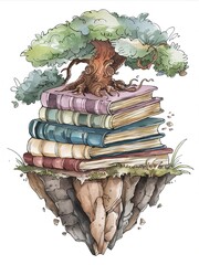 Watercolor illustration of a tree growing from a stack of books on a rock island