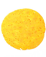 Round dry flatbread with red specks on white background, top view.