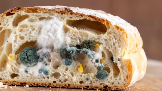 Bread with Mold, time-lapse of mold growing on bread slices, visual depiction of food spoilage