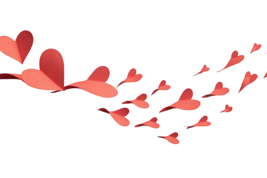 Red Paper Hearts Floating on Transparent Background