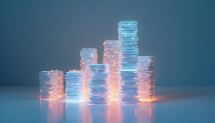 Title: Abstract glowing stacks of digital coins in futuristic style 
