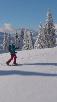 AERIAL: Flying around a female tourist ski touring in Velika Planina, Slovenia. Fit young woman hikes up a hill covered in fresh powder snow during a splitboarding trip in the scenic white mountains.