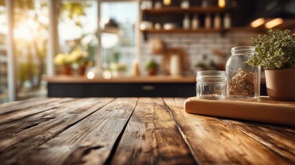  Warm wooden table background with blurred kitchen interior and golden hour glow, clean lifestyle backdrop for product placement