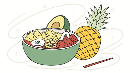 Vibrant Tropical Fruit Bowl:  Hand-drawn Illustration,  Healthy Breakfast Concept,  Summer Mood,  Pineapple,  Strawberry,  Avocado.