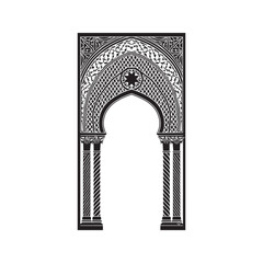 Ornate Moorish arch silhouette with twisted columns. Vector of a classic Arabic architectural frame, palace window, or mosque entrance.

