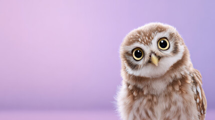 Fototapeta premium Close-up portrait of a curious, fluffy little owl against a soft purple background, showcasing its captivating large eyes and intricate feather patterns