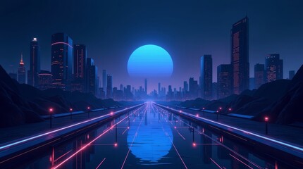 Fototapeta premium Neon Cityscape Night Canal Blue Moon Retrofuturistic