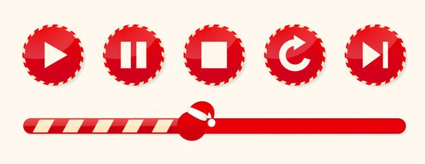 Music and video player interface button icon set in Christmas style. Play start repeat next buttons. Vector illustration