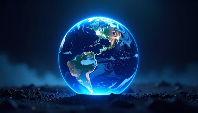 Glowing Earth Globe on Dark Surface: Digital Art