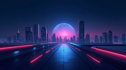 Neon Cityscape Night Road Pink Blue Moonlit Skyline