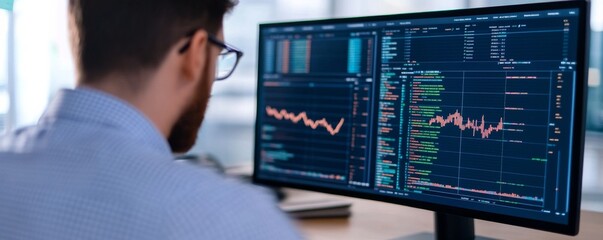 Man Analyzes Stock Market Data on Screen, Investing , Finance