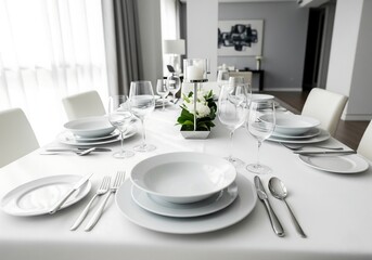 Fototapeta premium Elegant Dining Table Setting with White Plates and Wine Glasses.