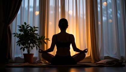 Meditation practice at home at dusk, silhouette of a woman in lotus pose facing dimly lit curtains, with houseplants and an open book nearby, a relaxing and mindful evening routine for mental clarity.