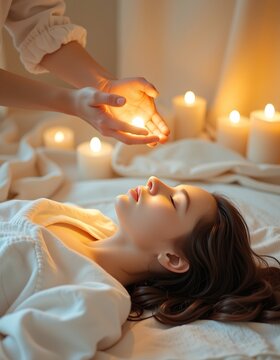 Energy therapy under the warmth of candlelight, a therapist places a glowing light over a relaxed woman's chest, creating a holistic, healthy and peaceful mood with soft bedding and soothing tones.